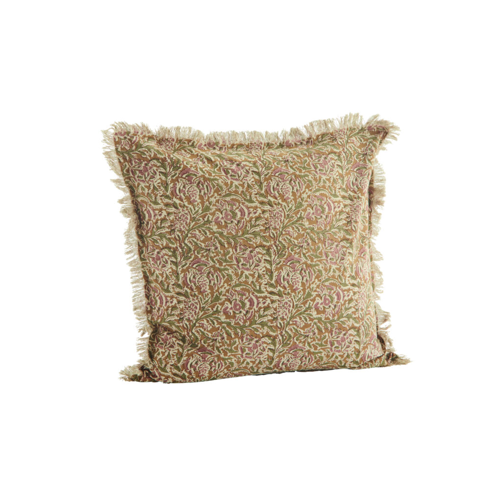Housse de coussin imprimé à franges miel, rose & vert
