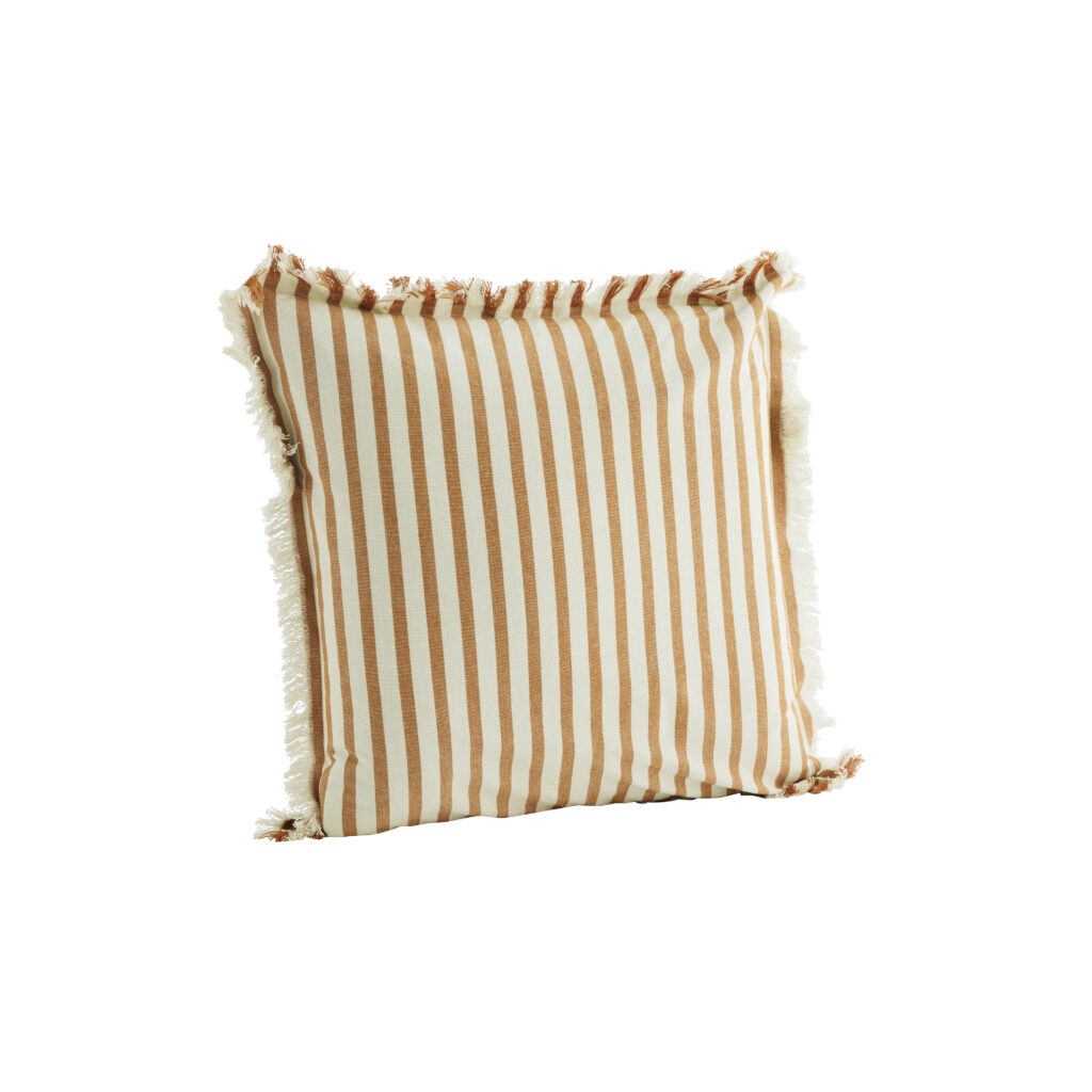 Housse de coussin rayé à franges blanc & miel