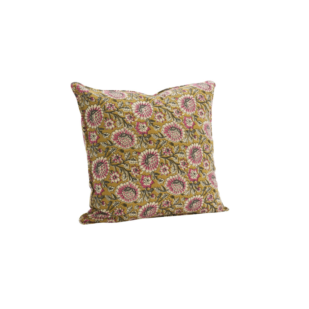 Housse de coussin imprimé moutarde & framboise