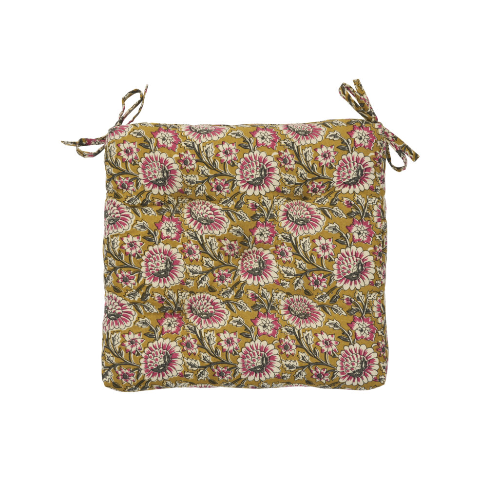 Coussin d'assise imprimé moutarde & framboise