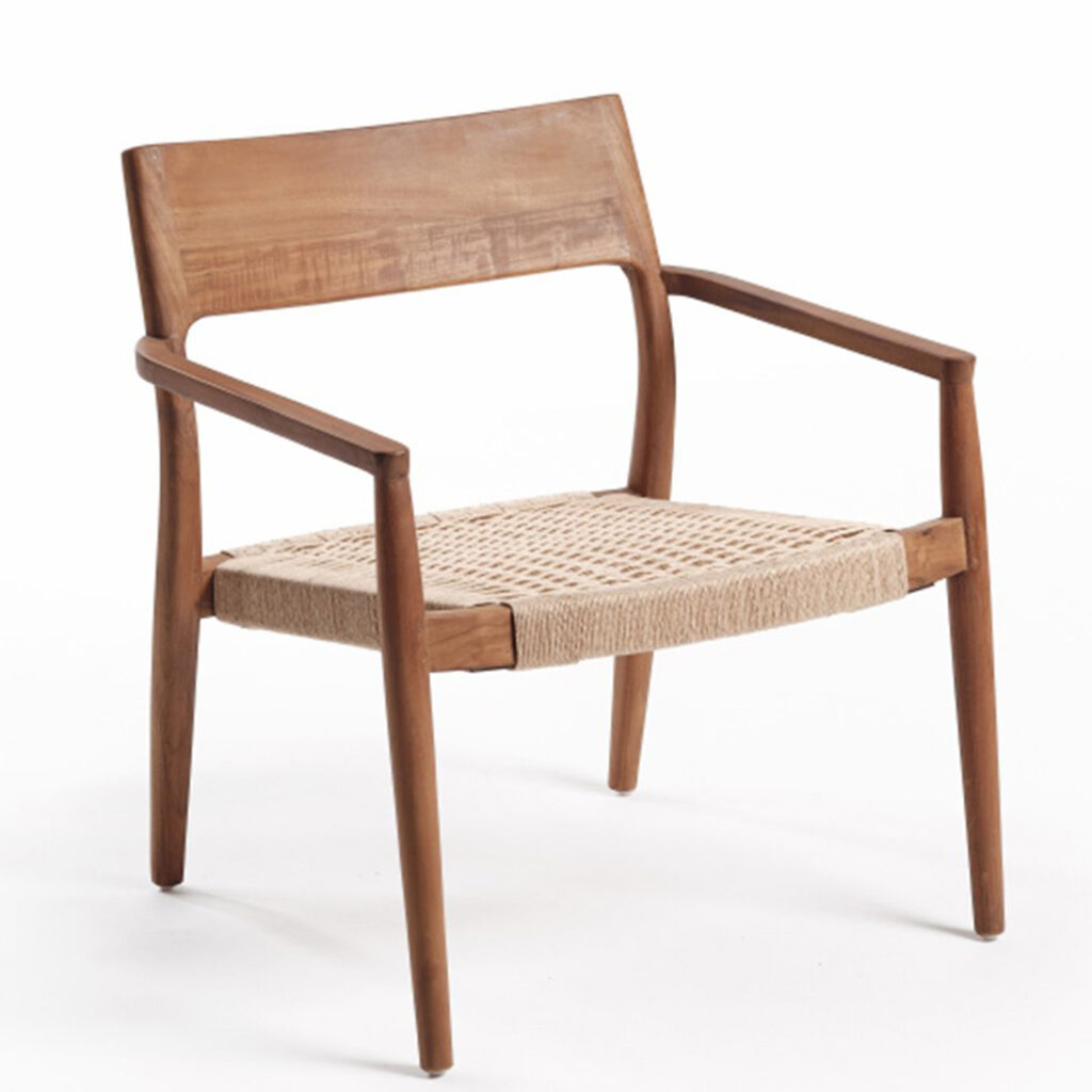 Fauteuil lounge en teck naturel et corde beige